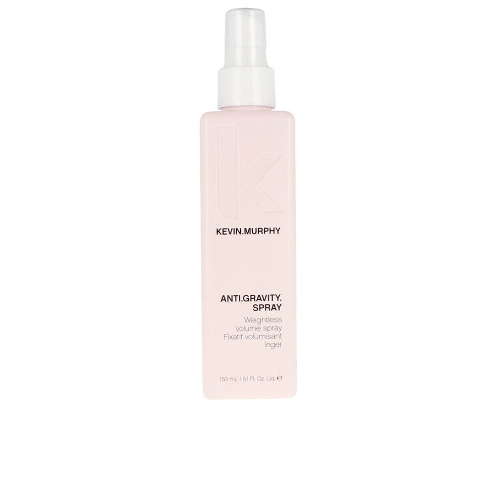 Flacone rosa con vaporizzatore bianco. Scritta: KEVIN.MURPHY, ANTIGRAVITY.SPRAY, Weightless volume spray, Fixatif volumisant léger.