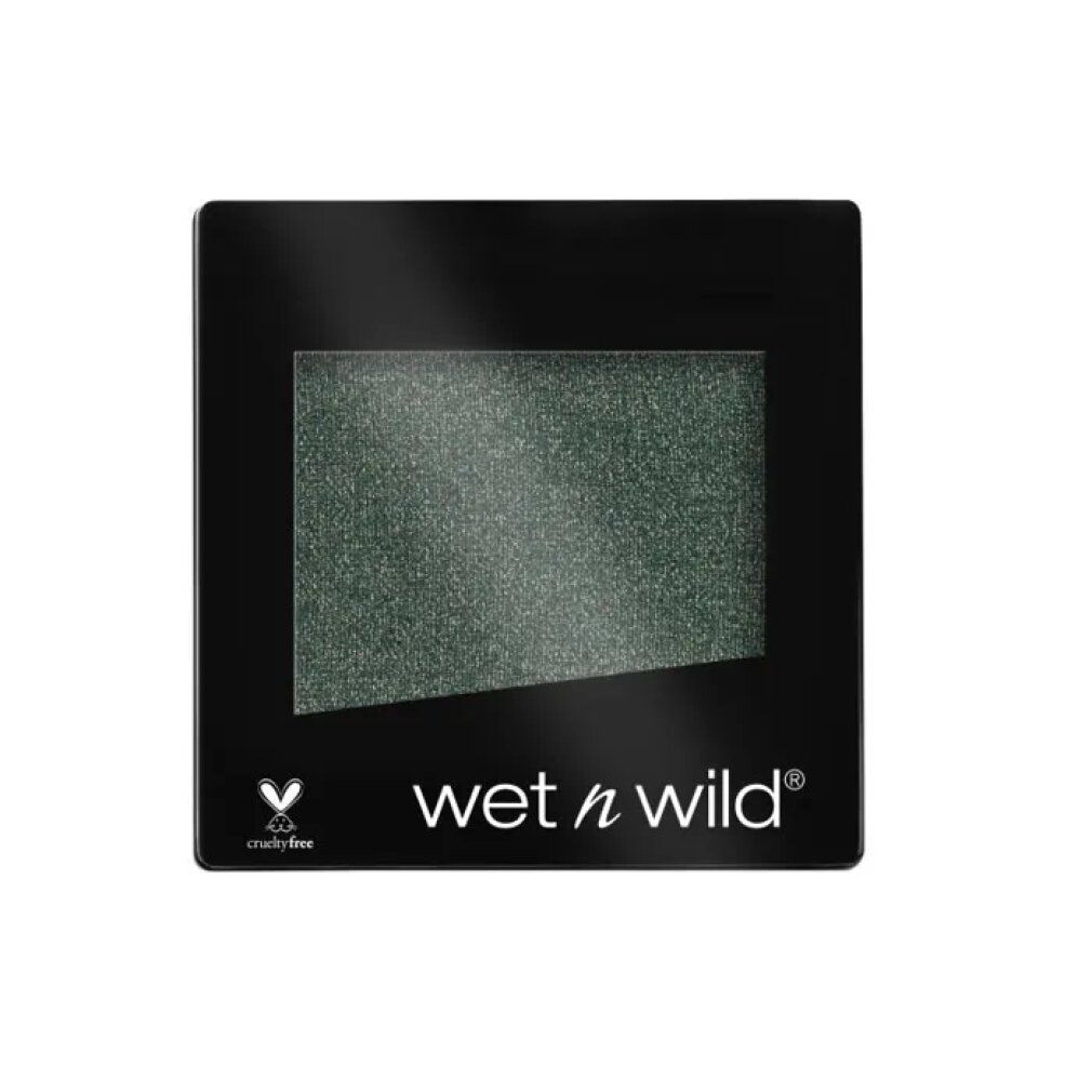 Contenitore quadrato nero di ombretto con ombretto verde. Marchio: wet n wild. Sigillo vegano.