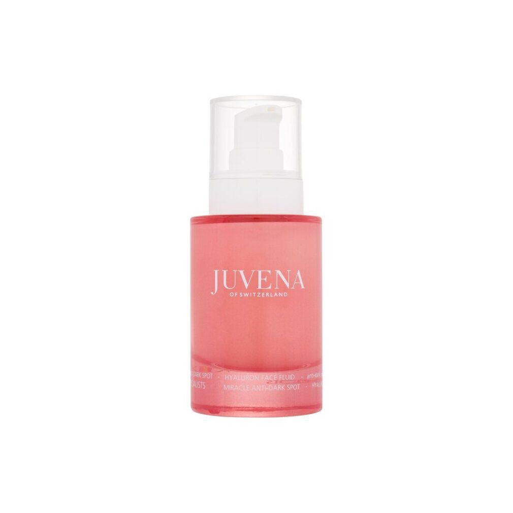 Flacone rosa con erogatore bianco. Scritta: Juvena of Switzerland, Hyaluron Face Fluid, Miracle Anti-Dark Spot.