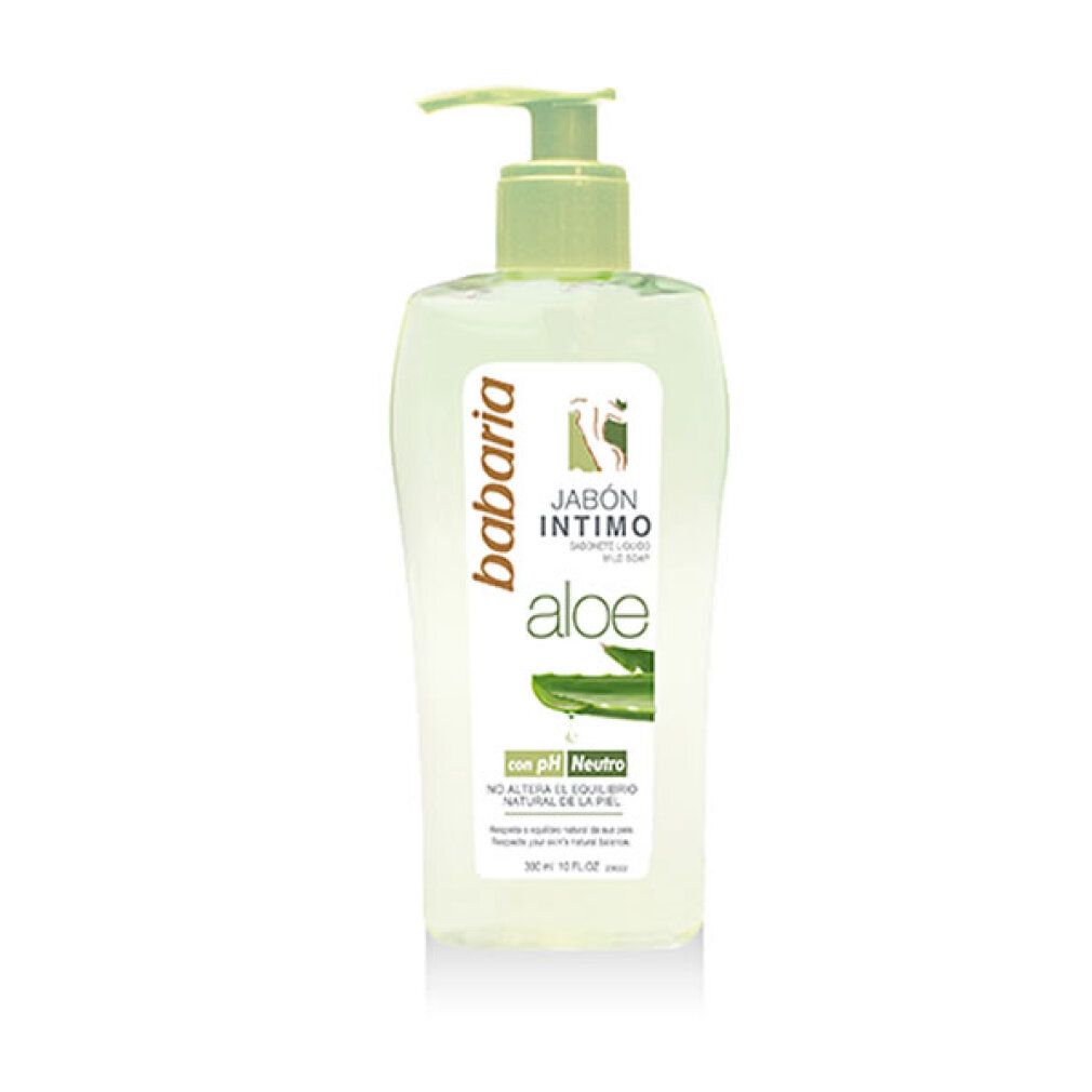 Sapone intimo Babaria Aloe Vera con dispenser. Liquido trasparente in flacone con etichetta.