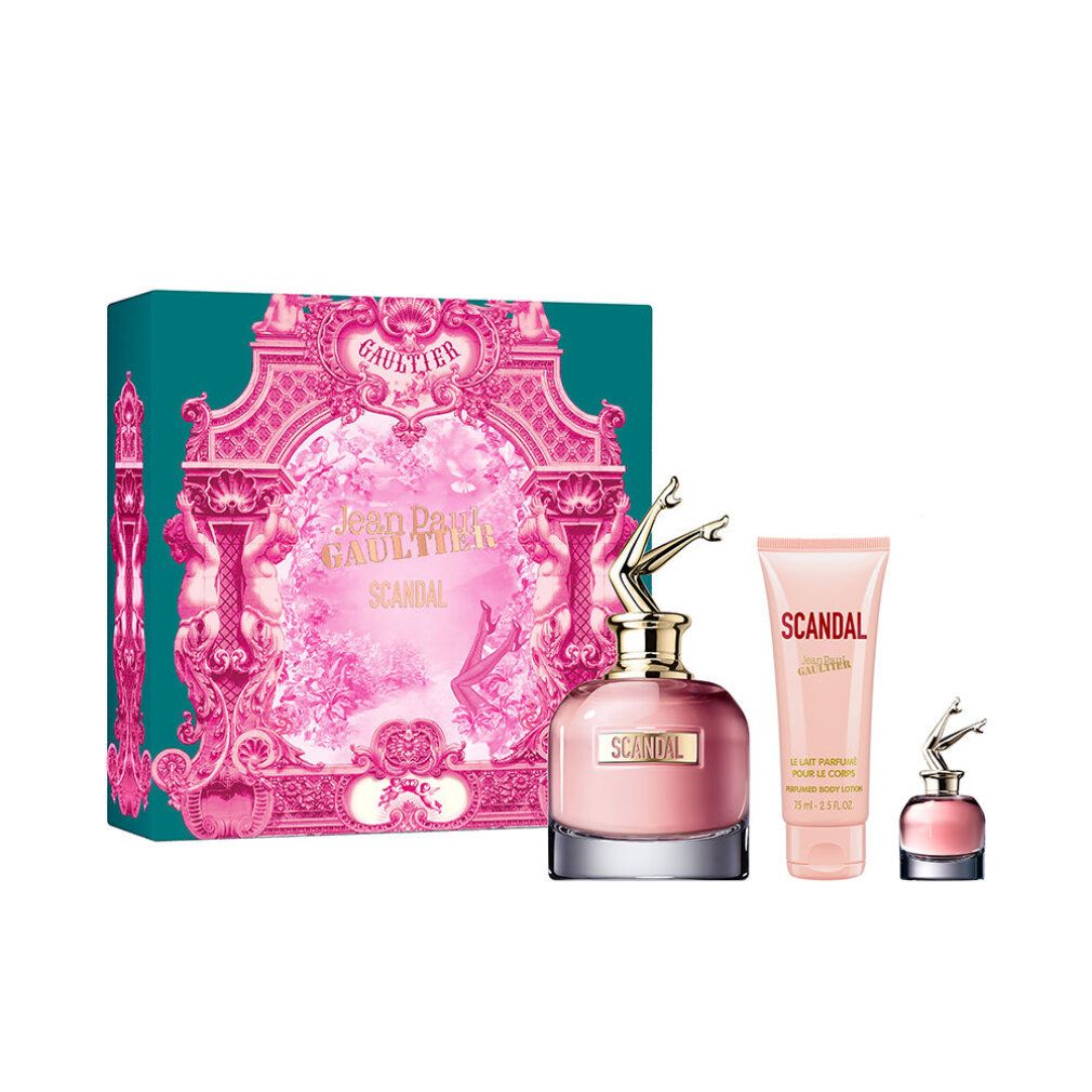 Set regalo Scandal. Flacone di profumo, miniatura e lozione per il corpo. Flacone rosa con tappo dorato. Confezione con testo.