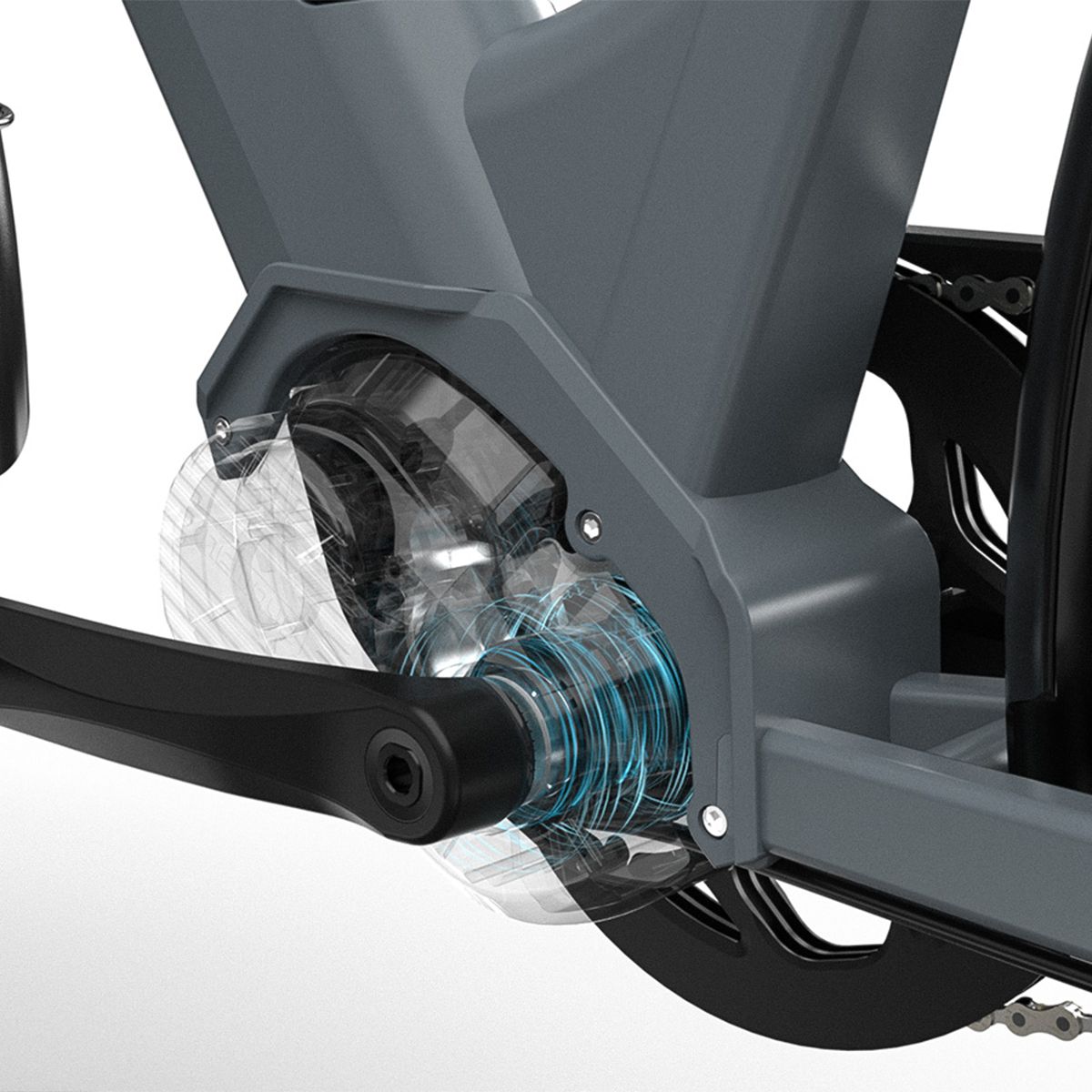 Primo piano del motore centrale di una e-bike grigia. La copertura trasparente mostra la meccanica.