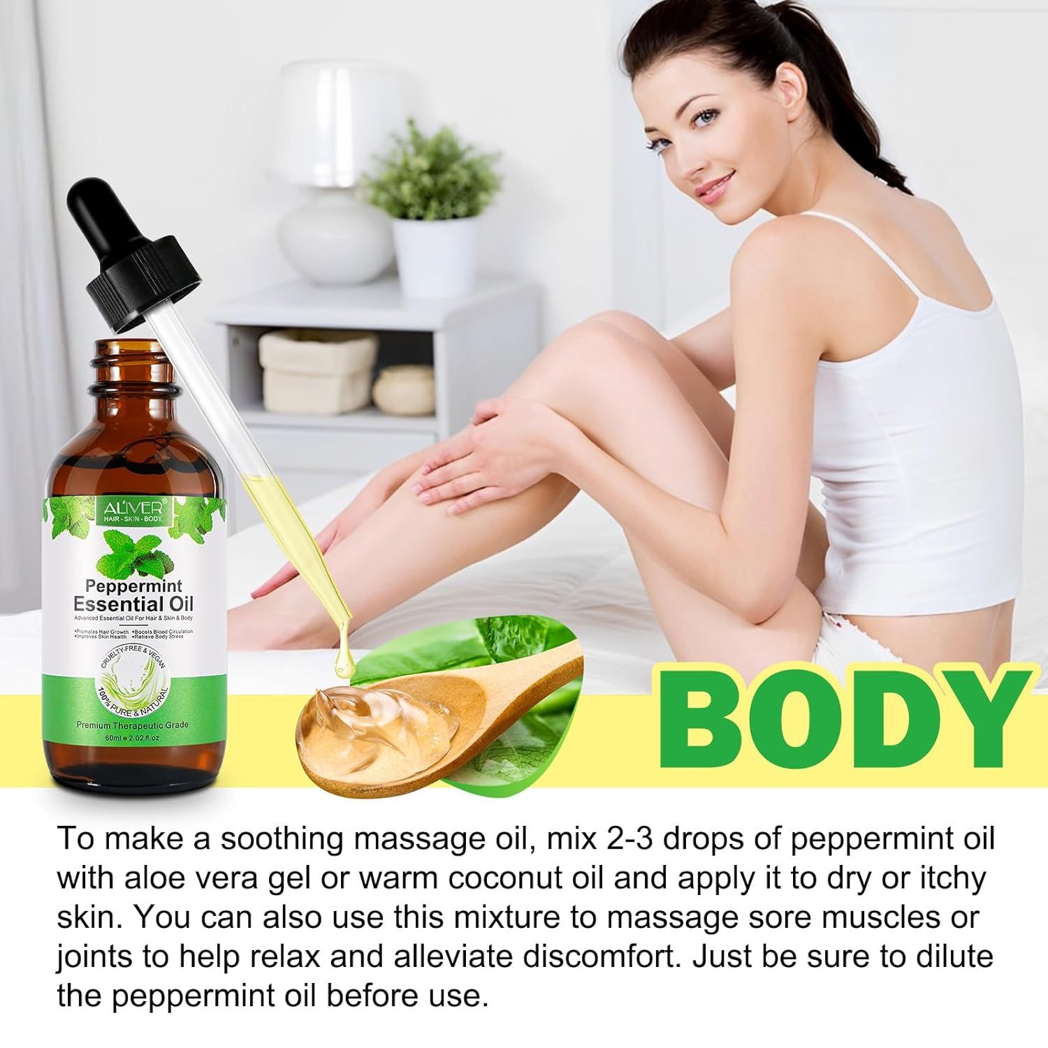 Flacone di vetro marrone con contagocce e olio essenziale. Donna con una gamba. Testo: Peppermint Essential Oil, istruzioni per l'uso.