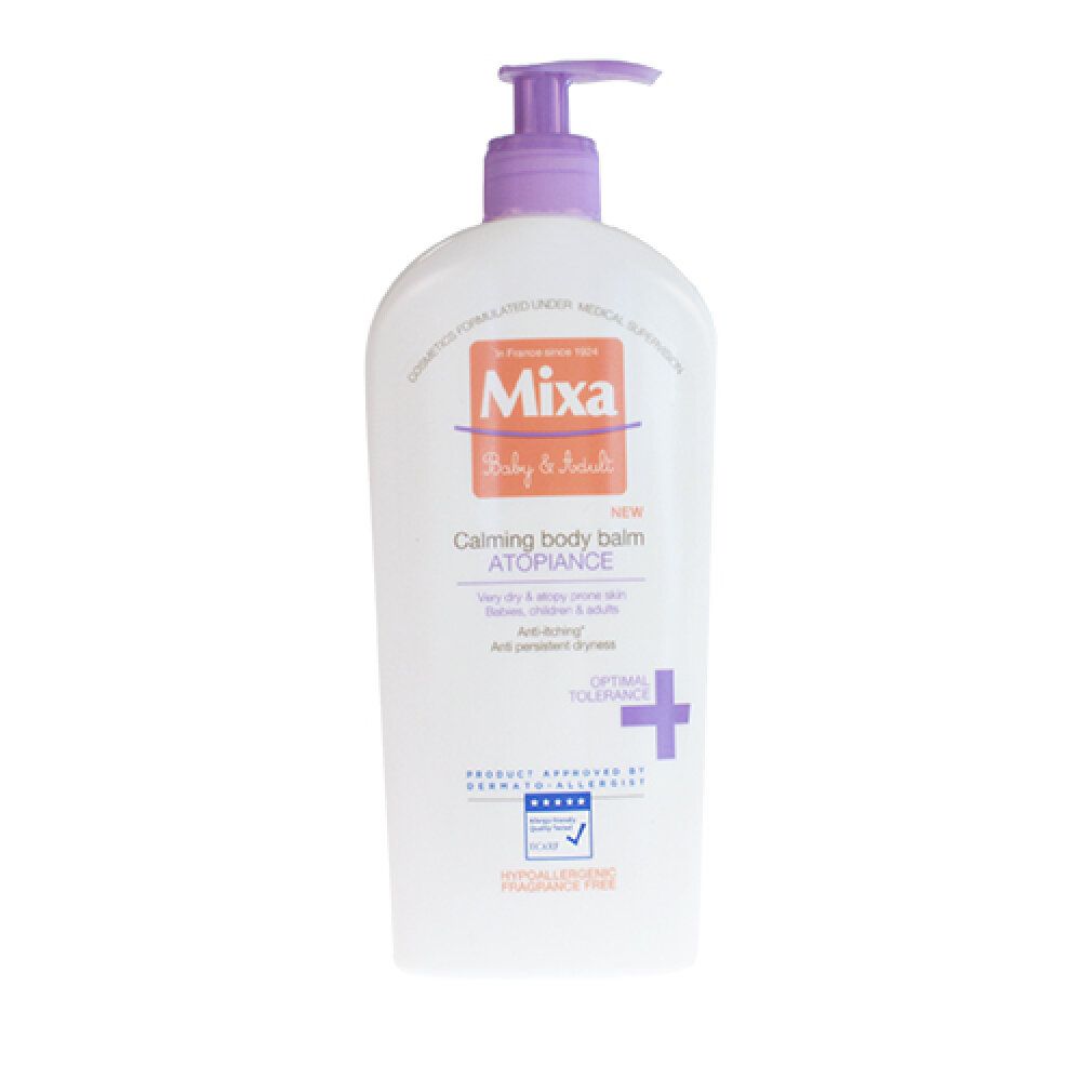 Flacone bianco con pompa viola. Scritta: Mixa Baby & Adults, Atopiance, balsamo corpo lenitivo. Testato dermatologicamente.