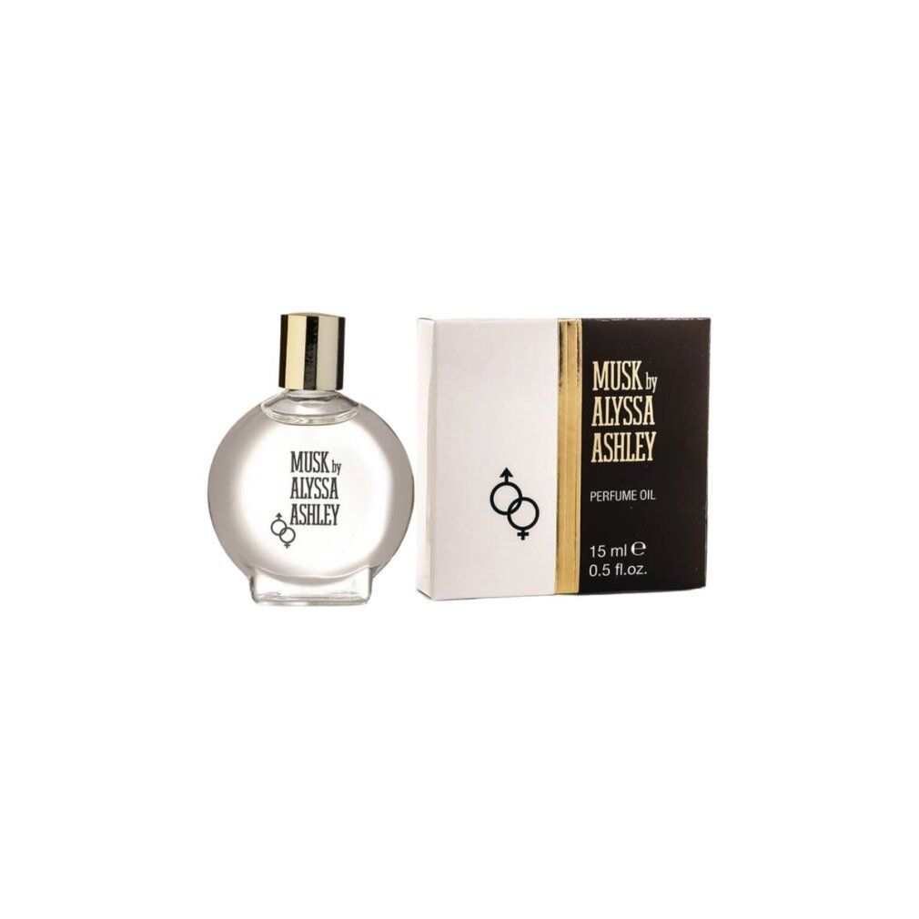Flacone e scatola. Scritta: Musk by Alyssa Ashley, Parfum Oil. 15 ml. Flacone rotondo con tappo dorato.