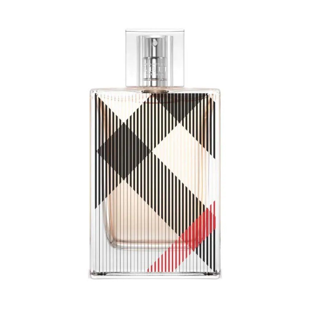 Flacone di profumo Burberry Brit. Motivo a quadri. Flacone trasparente con vaporizzatore.