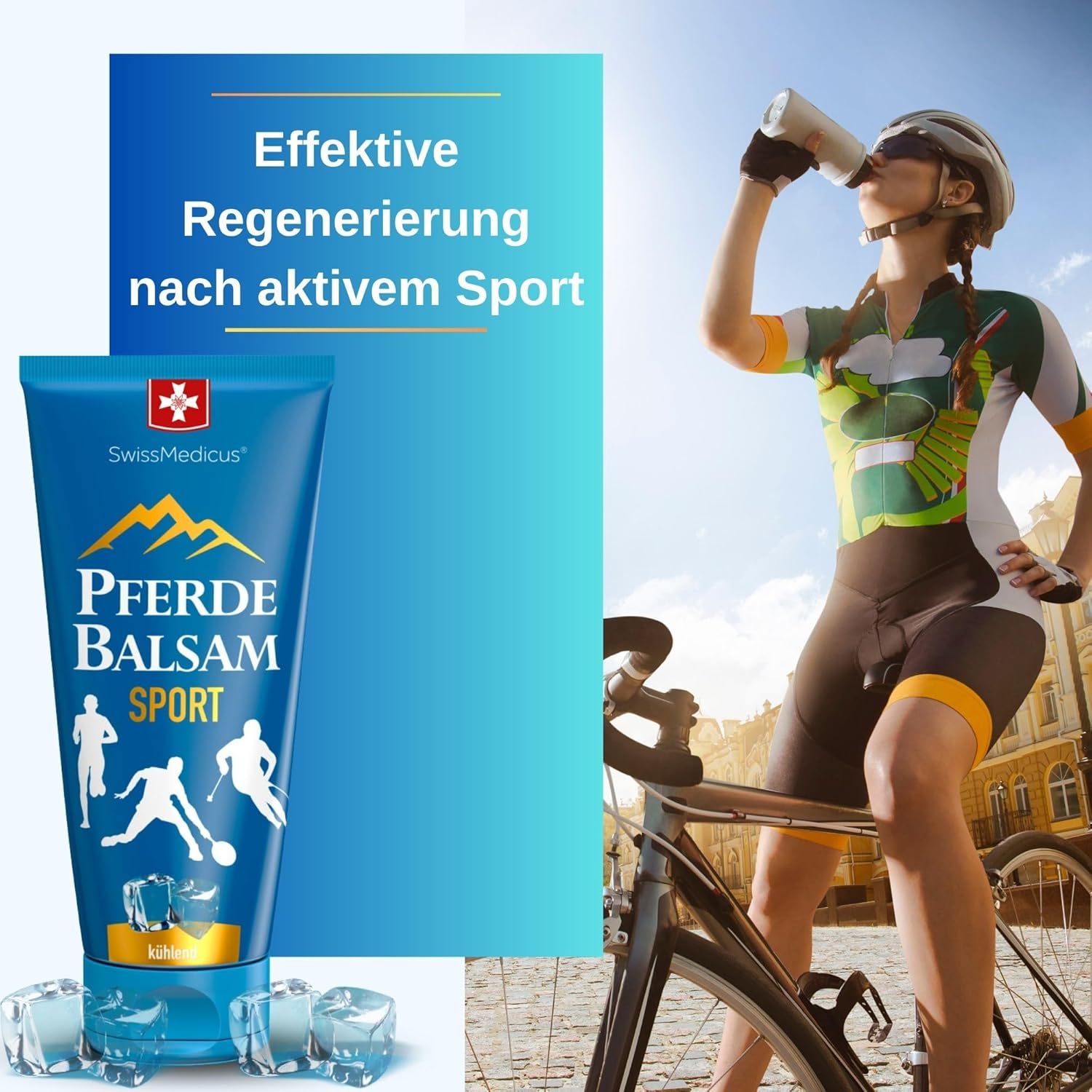 Tubo blu "Pferde Balsam Sport". Logo SwissMedicus. Ciclista beve. Cubetti di ghiaccio. Testo: Rigenerazione efficace.