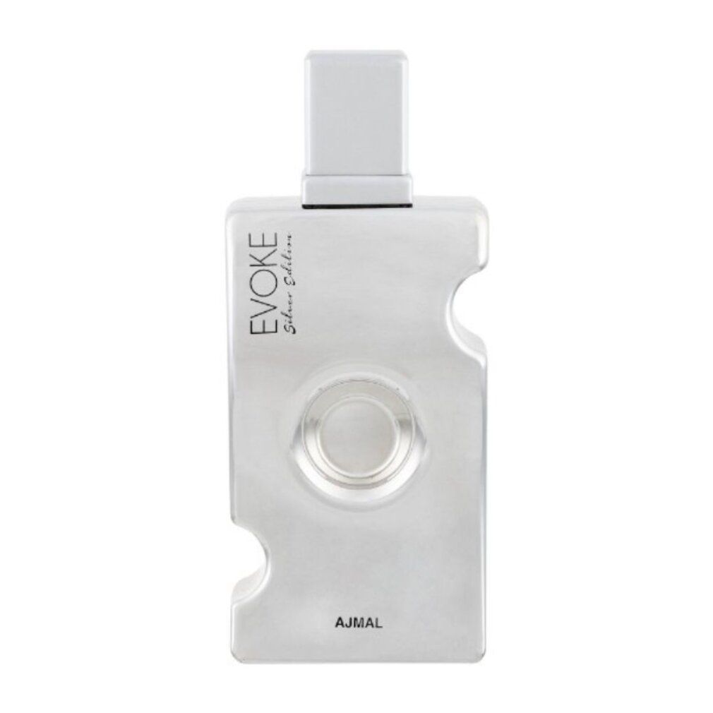 Flacone argentato con tappo quadrato. Scritta: EVOKE Silver Edition, AJMAL. Incavi laterali.
