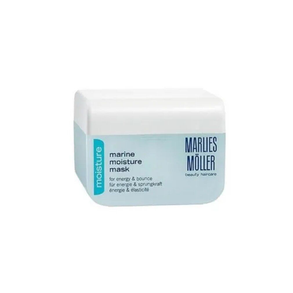 Barattolo bianco-azzurro con Marine Moisture Mask. Scritta: Marlies Möller, beauty haircare. Per energia & elasticità.