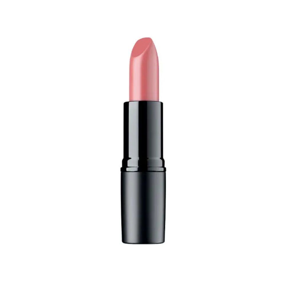 Rossetto rosa in stick con astuccio nero. Sfondo bianco.