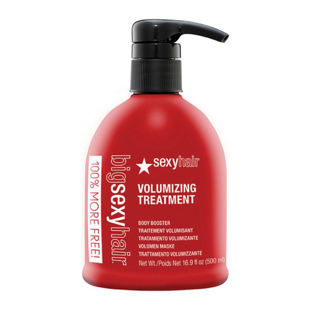Flacone rosso con dosatore nero. Scritta "bigsexyhair", "VOLUMIZING TREATMENT" e "100% MORE FREE!".