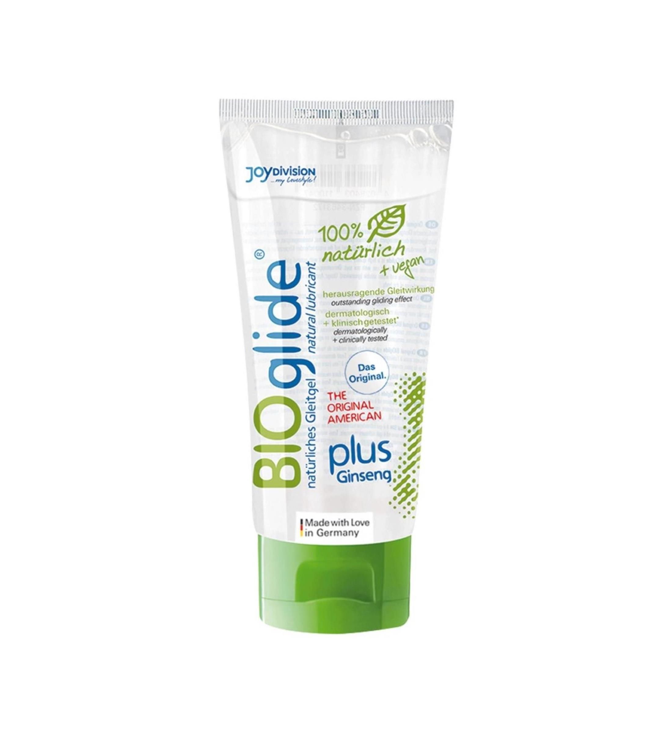 Tubo trasparente con tappo verde. Scritta: BIOglide, plus Ginseng, 100% naturale + vegano. Prodotto in Germania.