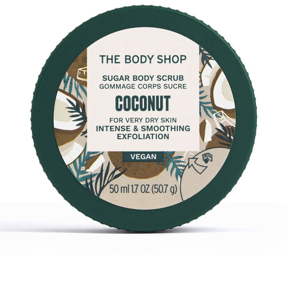 Barattolo rotondo verde. Scritta: THE BODY SHOP, Sugar Body Scrub Coconut. Vegan. 50 ml.