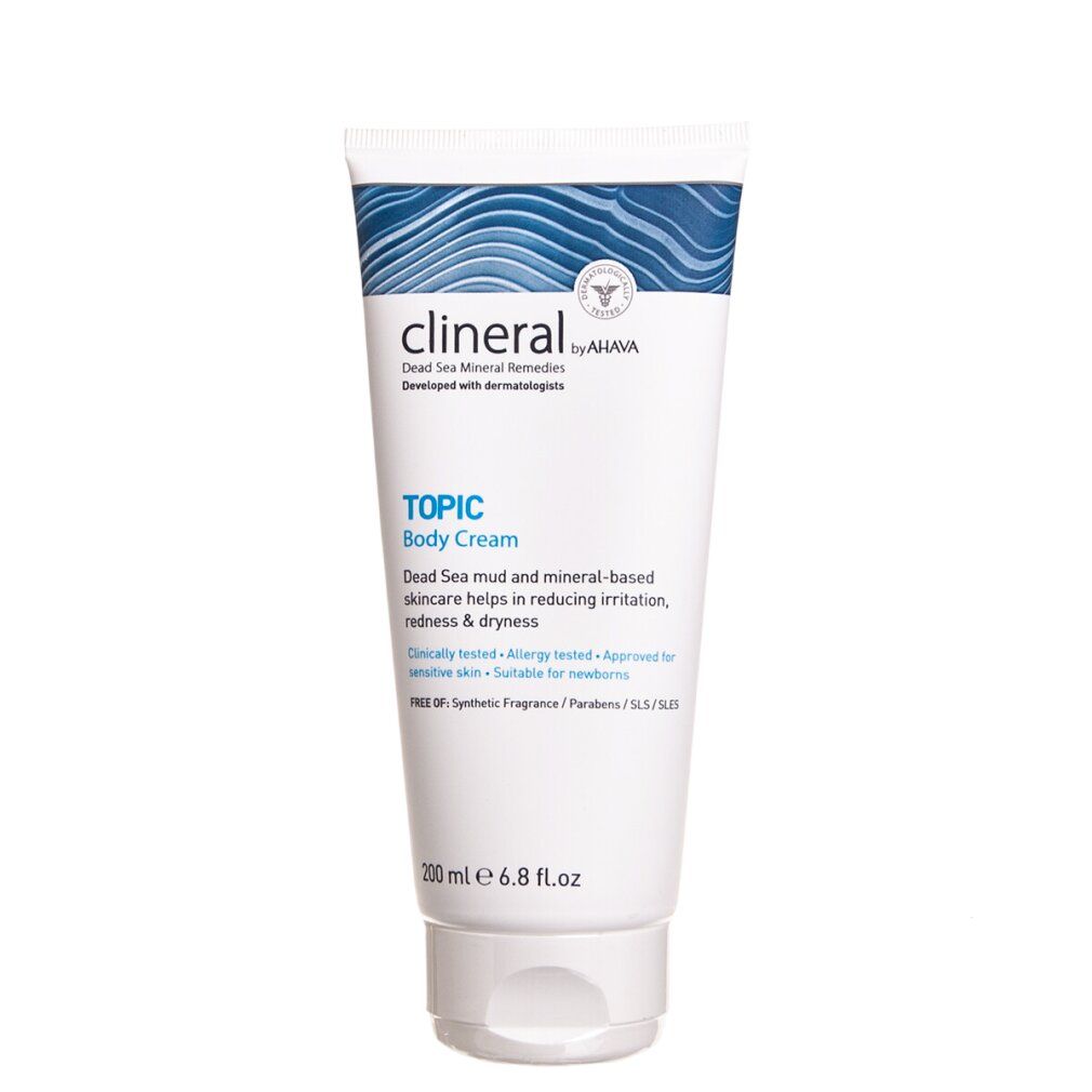 Tubo bianco-blu Clineral TOPIC Body Cream. Testo: Dead Sea Mineral Remedies, TOPIC Body Cream, 200 ml. Con certificazioni.