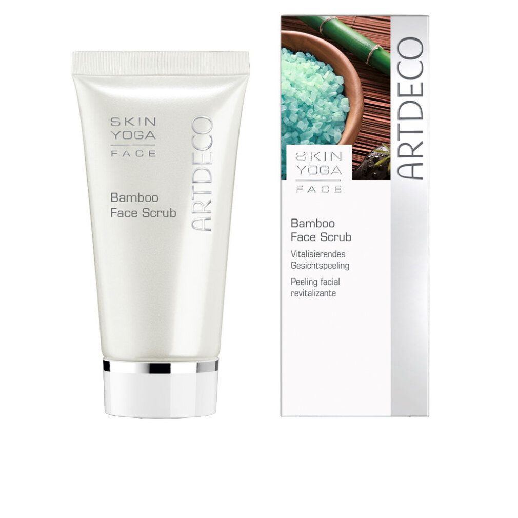 Tubo di Bamboo Face Scrub Skin Yoga Face e confezione. Confezione con immagine e testo del prodotto. Logo Artdeco.