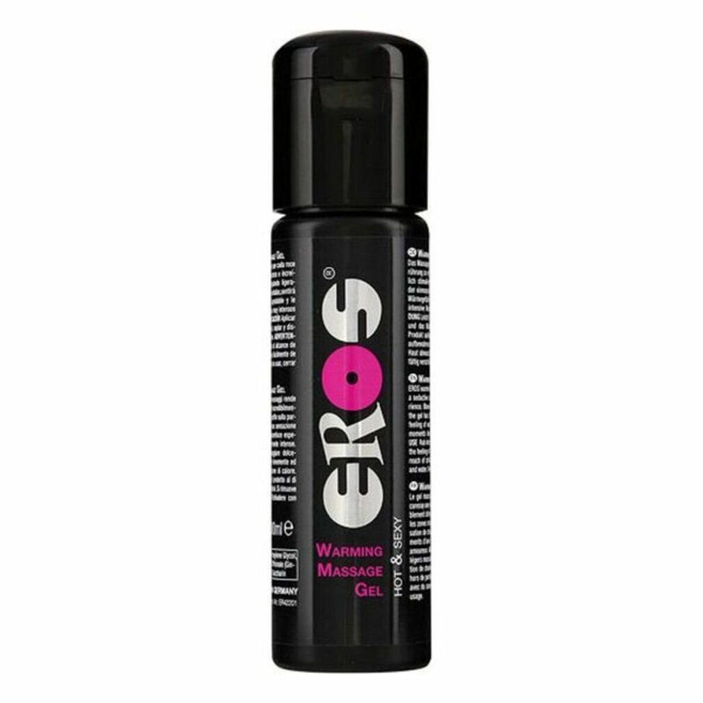 Flacone nero con logo "EROS" e testo. Visibili "Warming Massage Gel" e "Hot & Sexy". Etichetta prodotto con testo.