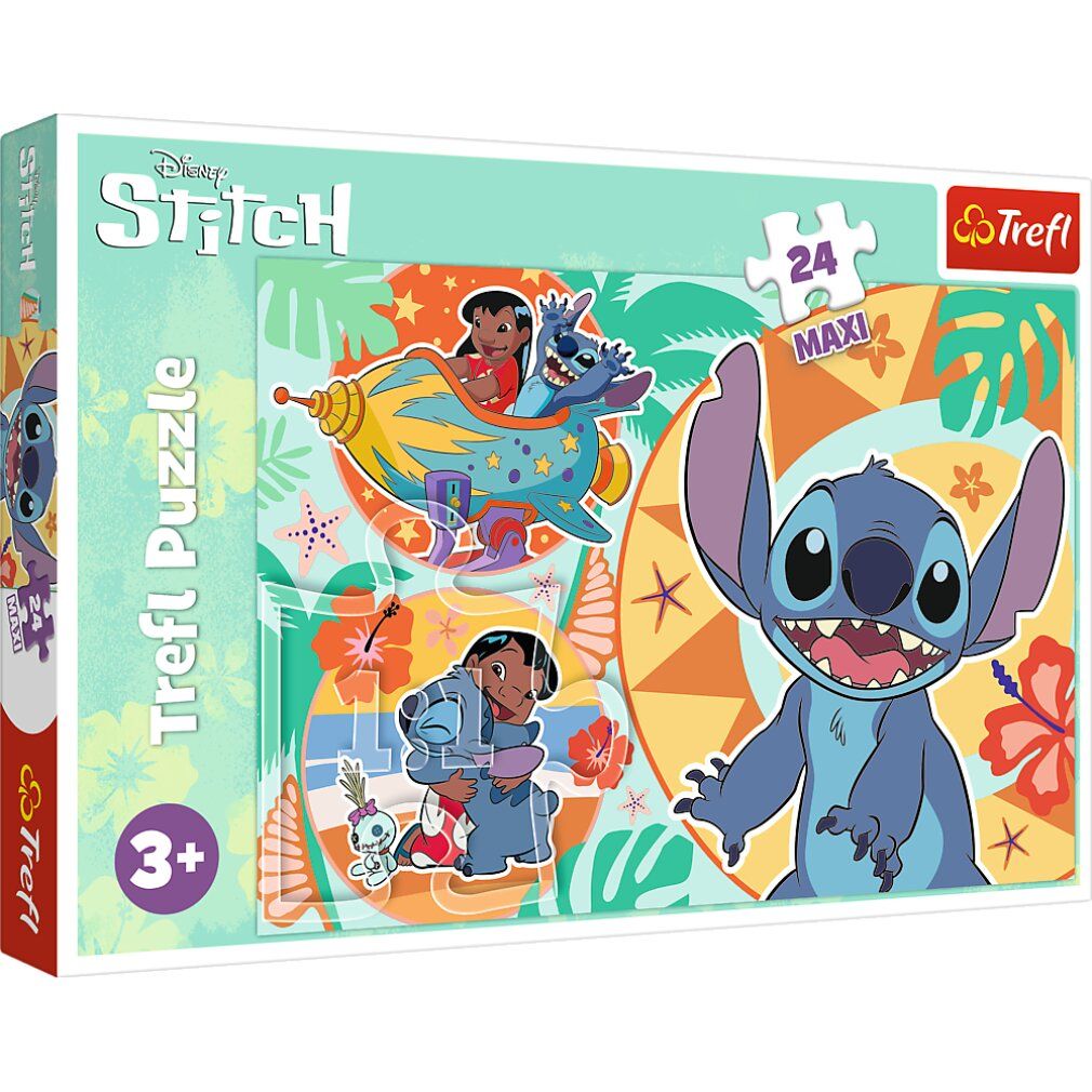 Scatola puzzle Lilo & Stitch. Marchio Trefl. 24 pezzi Maxi. Consigliato dai 3 anni in su. Con immagine di Stitch.