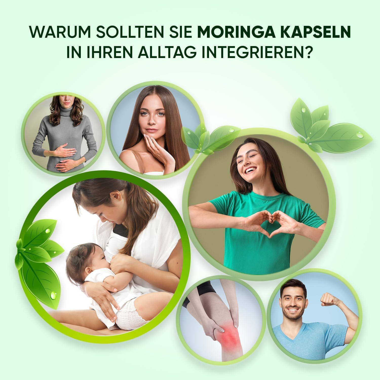 Illustrazioni circolari con donne e uomini in varie situazioni. Foglie e testo: Perché integrare le capsule di moringa nella vita quotidiana?