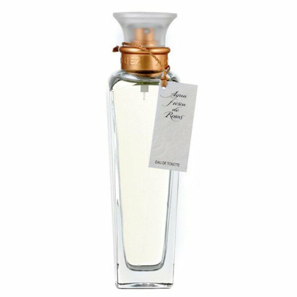 Flacone quadrato in vetro con profumo chiaro e un'etichetta bianca 'Agua Fresca de Rosas'.