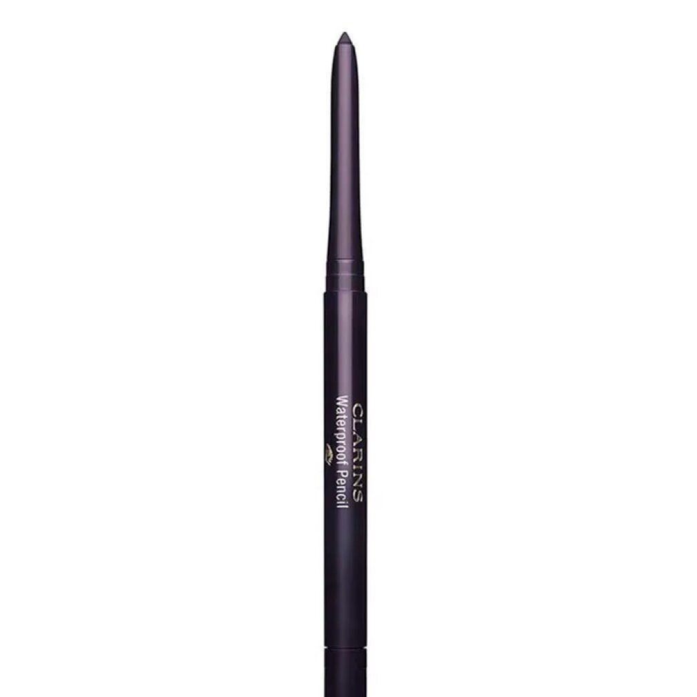 Una matita Clarins Waterproof Pencil viola scuro. Scritta: Waterproof Pencil.
