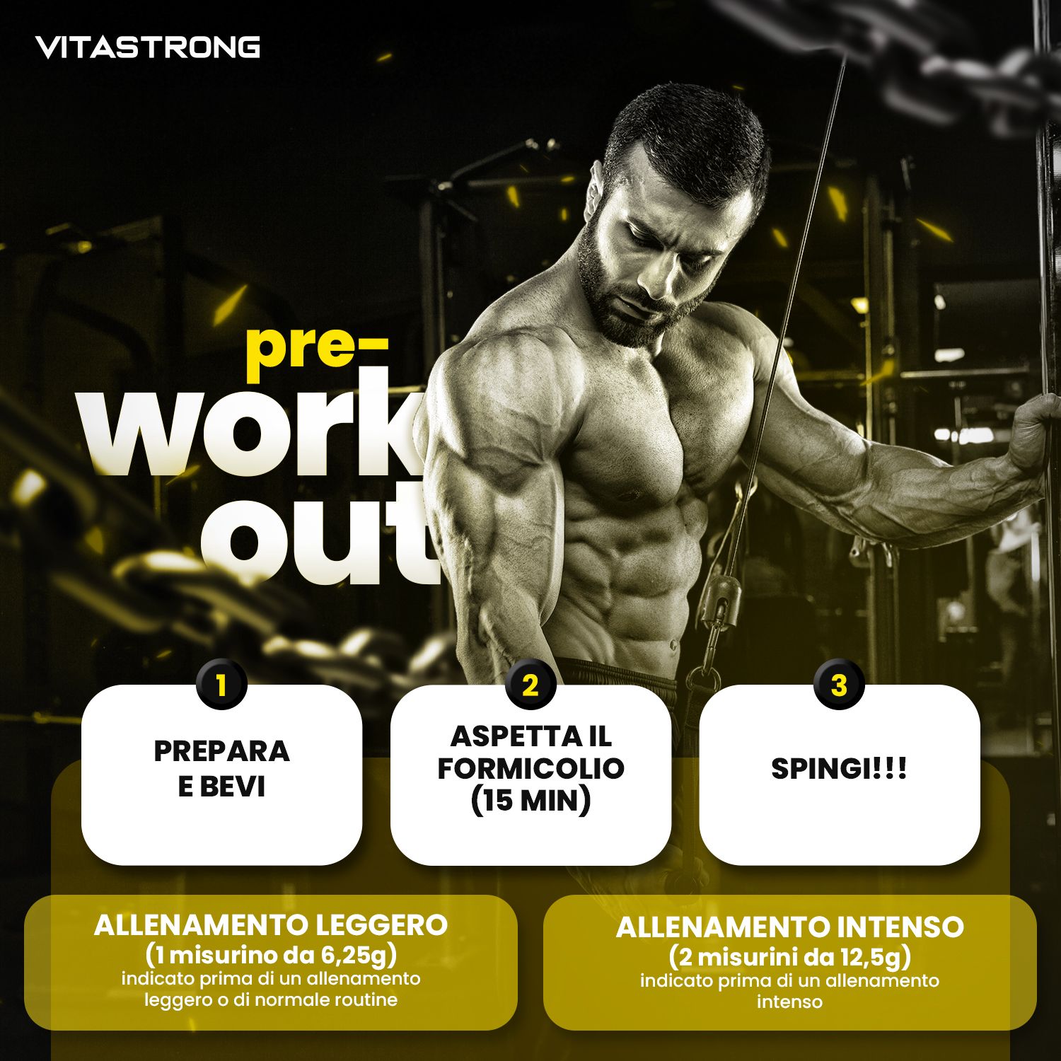 Uomo in palestra. Testo: Pre-Workout. Passaggi: Prepara, aspetta, spingi. Prodotto: Vitastrong Pre-Workout.