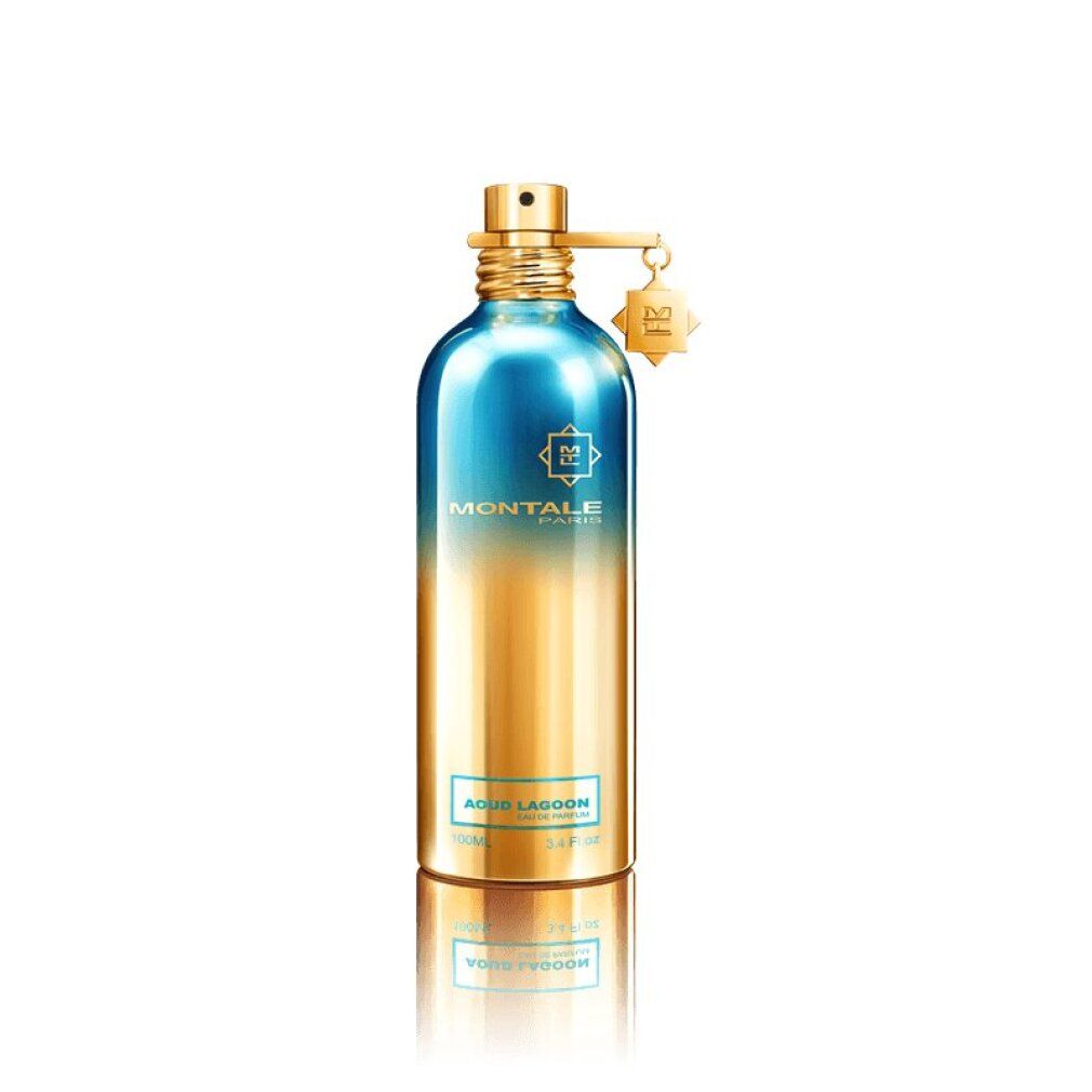 Flacone blu-oro. Scritta: Montale, Aoud Lagoon. Vaporizzatore e ciondolo dorati.
