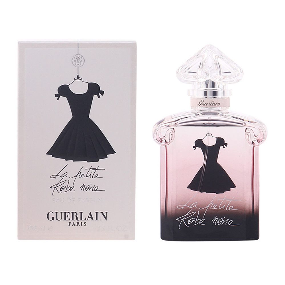 Flacone e confezione. Abito nero su sfondo rosa-nero. Scritta La petite Robe noire. Guerlain Paris.