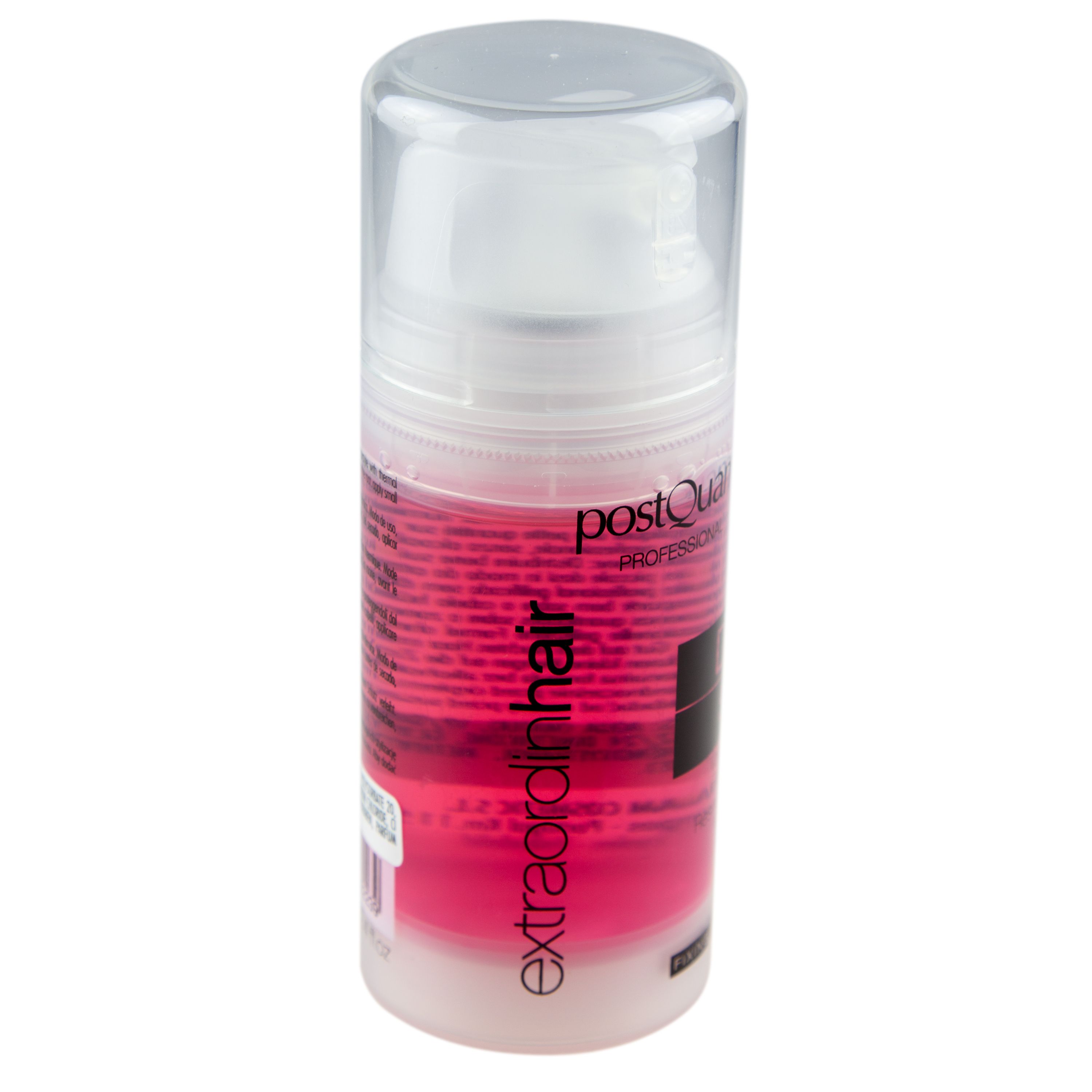 Flacone cilindrico con liquido rosa. Scritte: Postquam, Extraordinhair. Con erogatore bianco. Testo sull'etichetta.