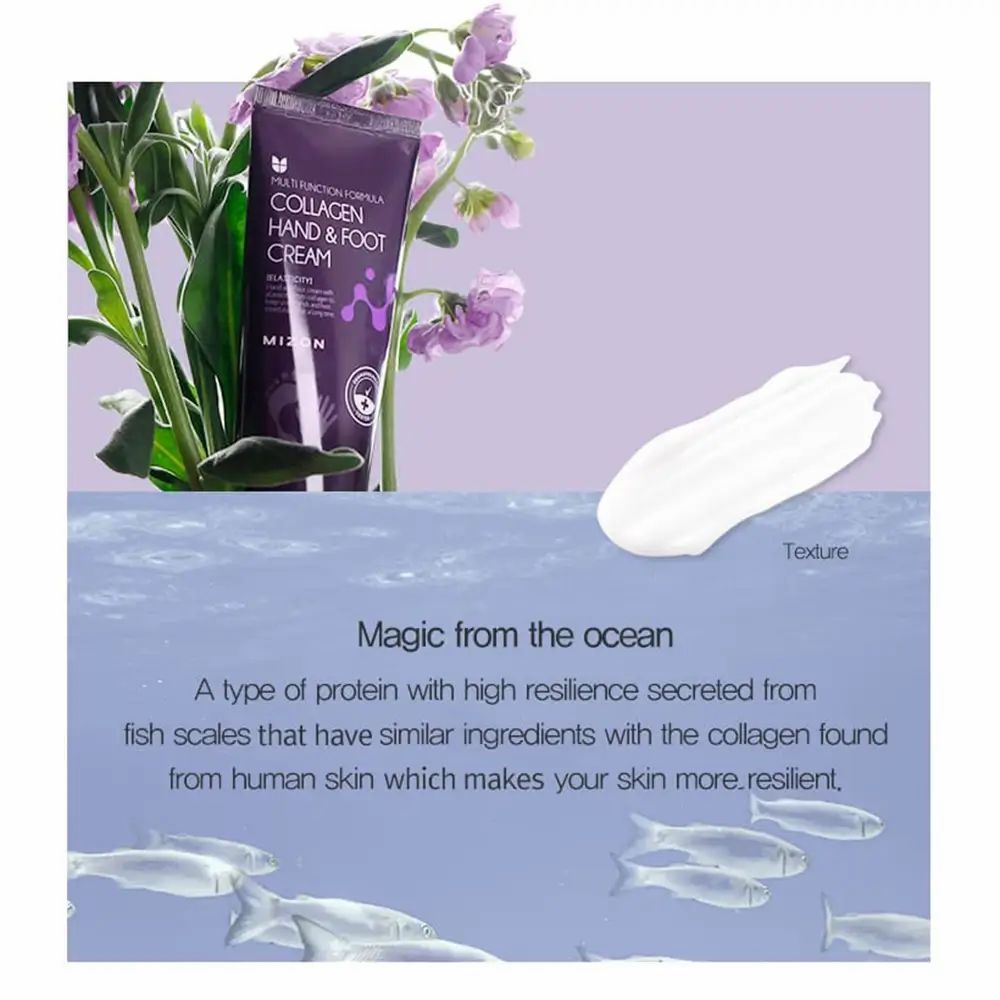 Tubo MIZON Collagen Hand & Foot Cream con fiori e crema. Testo: Magia dall'oceano. Illustrazione di pesci.