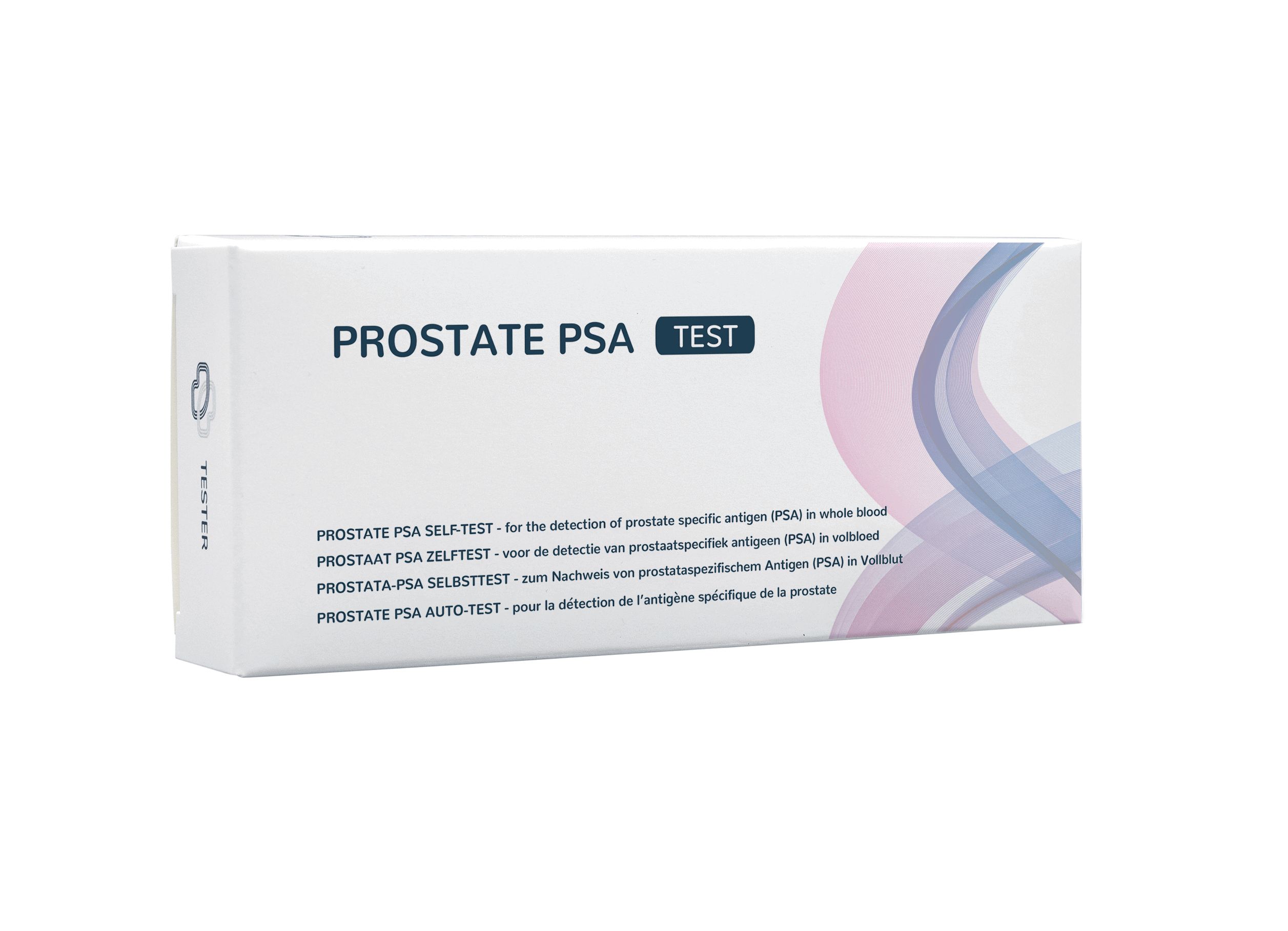 Confezione del test PSA prostata con informazioni sul prodotto e testi multilingue.