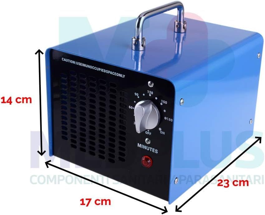 Generatore di ozono blu, rettangolare, con maniglia, pannello di controllo e spia rossa. Dimensioni: 14x17x23 cm.