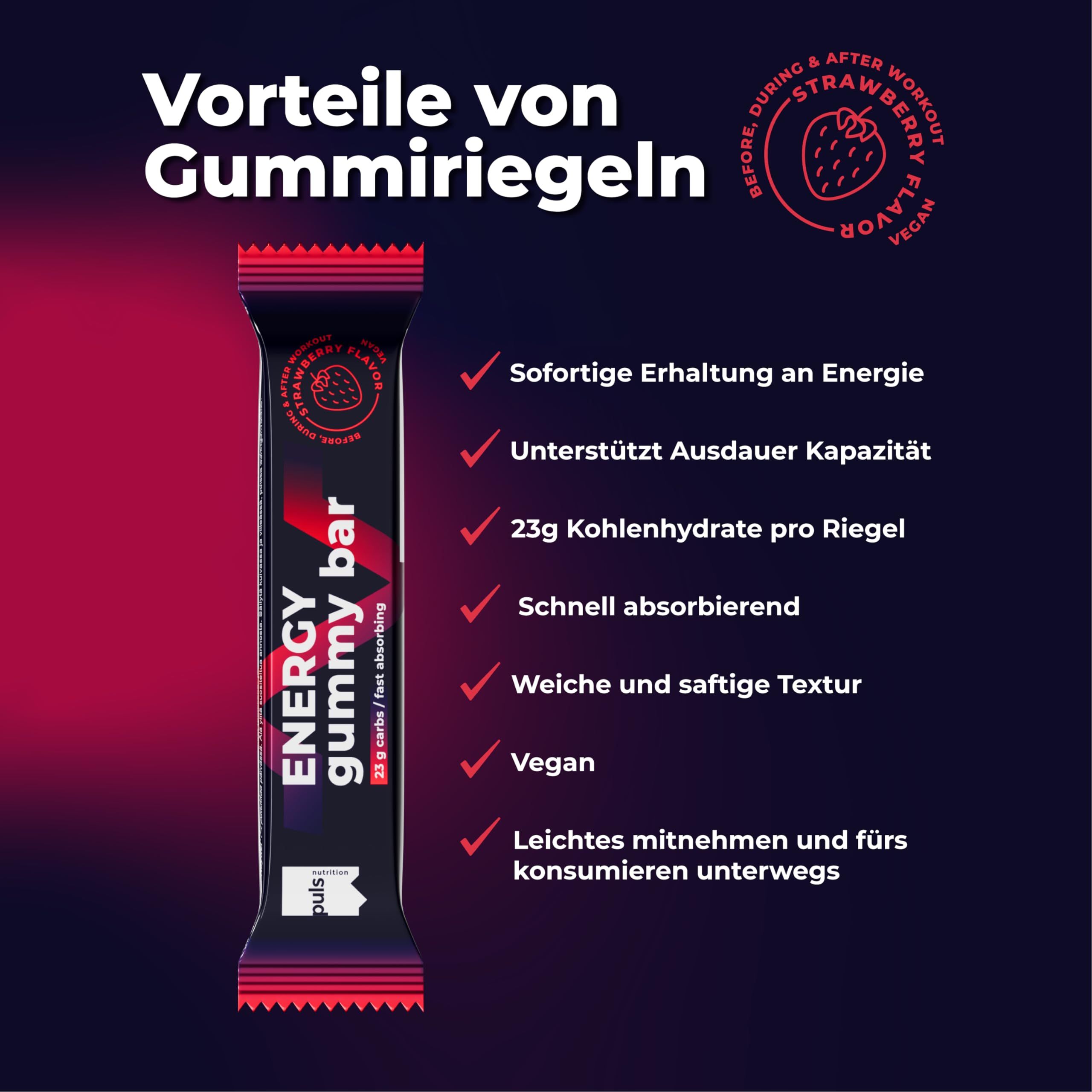 Una singola barretta Puls Nutrition Energy Gummy Bar in confezione rossa e nera con design fragola.