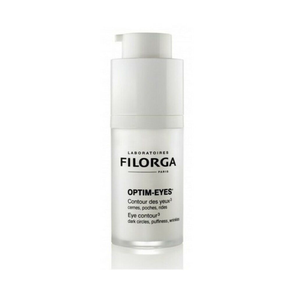 Flacone bianco Filorga Optim-Eyes. Testo: Optim-Eyes, Contour des yeux, Eye contour, occhiaie, borse, rughe. Con erogatore a pompa.