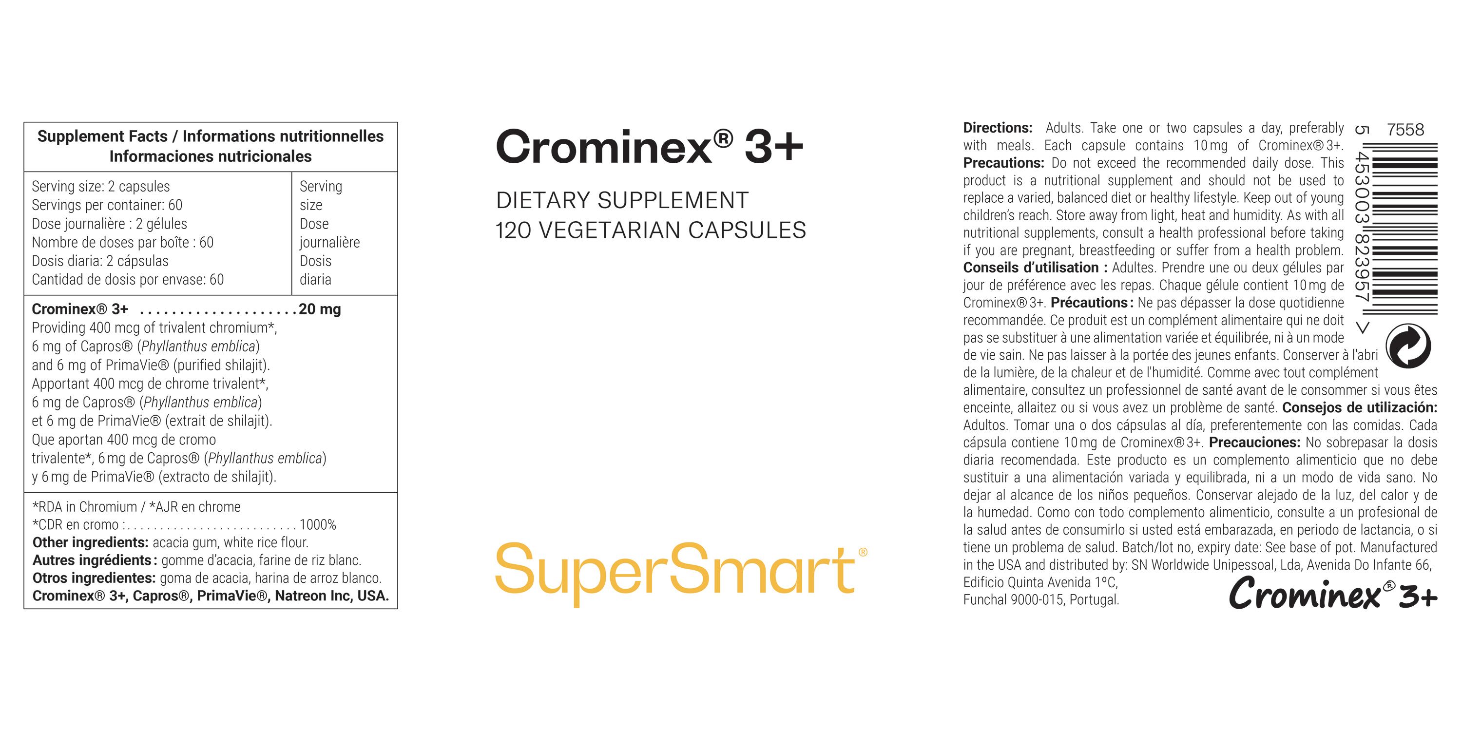 Etichetta con informazioni nutrizionali. Contiene ingredienti, dosaggio e produttore. Marchio: Crominex 3+ SuperSmart.
