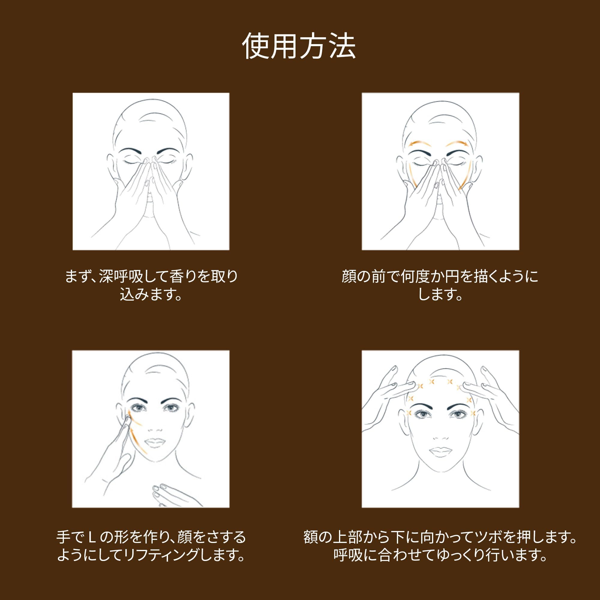 Quattro illustrazioni che mostrano l'applicazione del prodotto. Testo in giapponese. Sfondo: marrone.