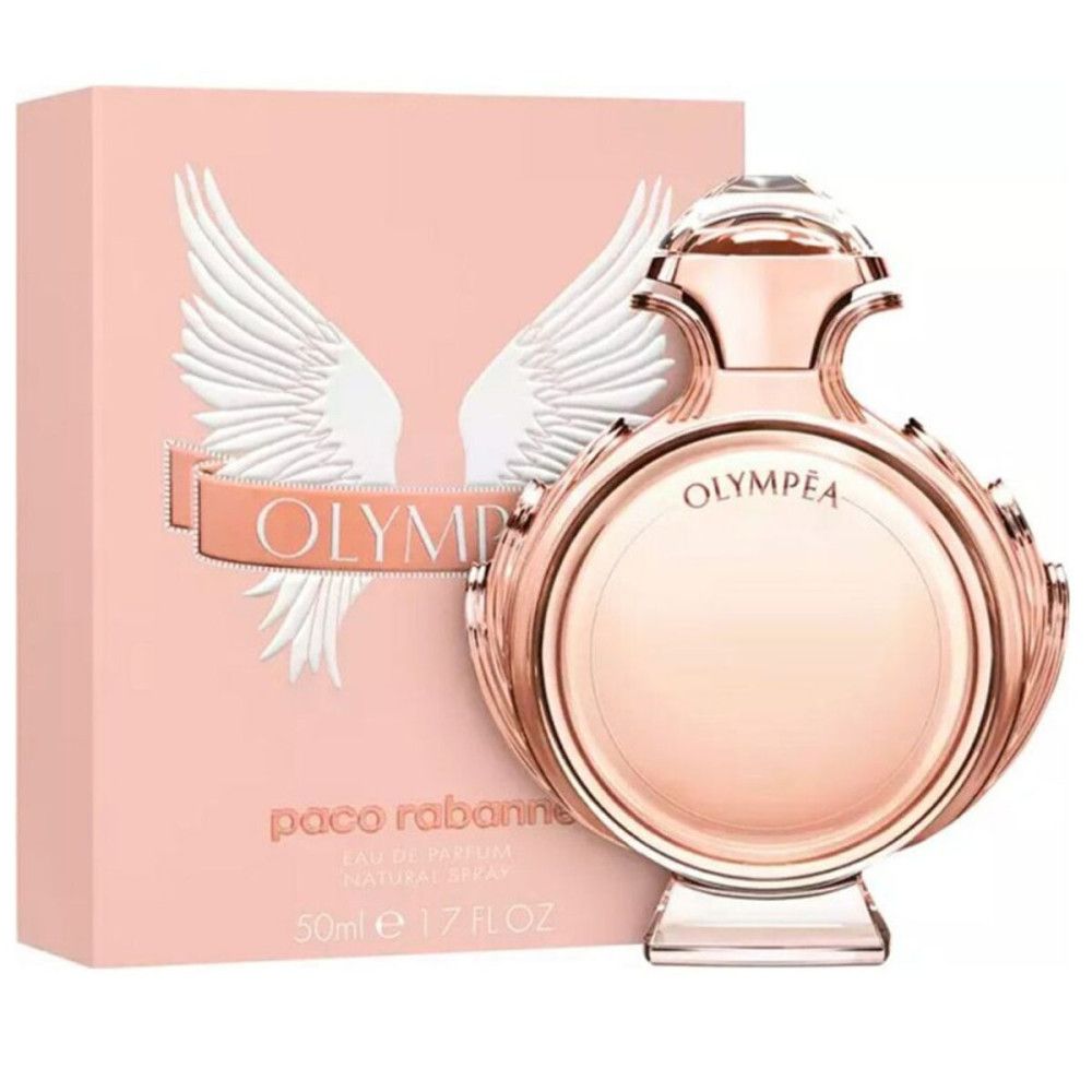 Flacone di profumo e confezione. Flacone rotondo, dorato. Confezione rosa con motivo ad ali e scritta Olympea.