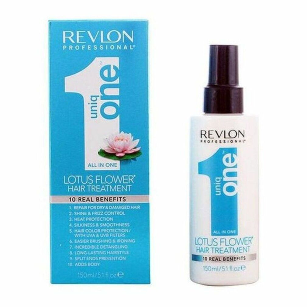 Trattamento per capelli con vaporizzatore e confezione. Scritta: Revlon Uniq One Lotus Flower, 10 benefici. Flacone: 150ml.