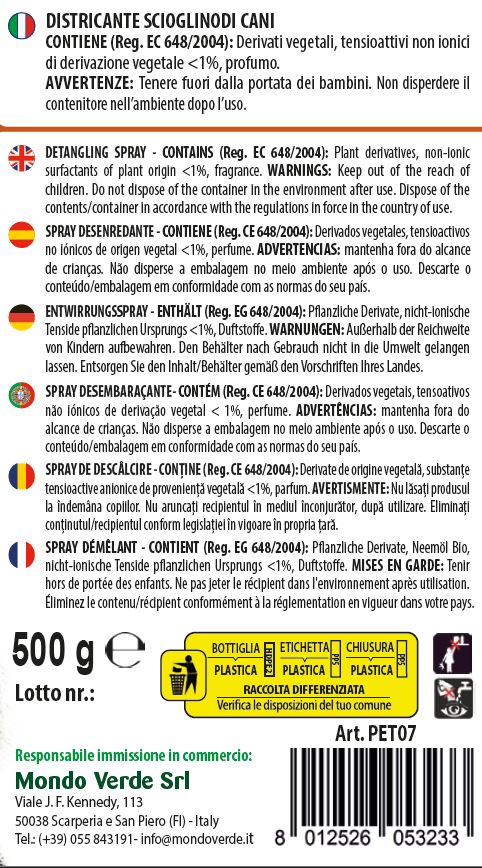 Retro della confezione del prodotto. Testo con ingredienti, avvertenze e informazioni sullo smaltimento.