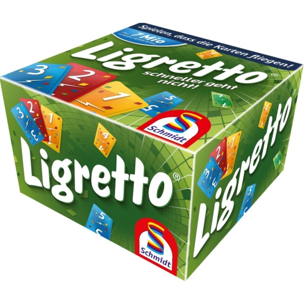 Scatola del gioco di carte "Ligretto" con illustrazioni di carte. Design verde e bianco con logo "Schmidt".