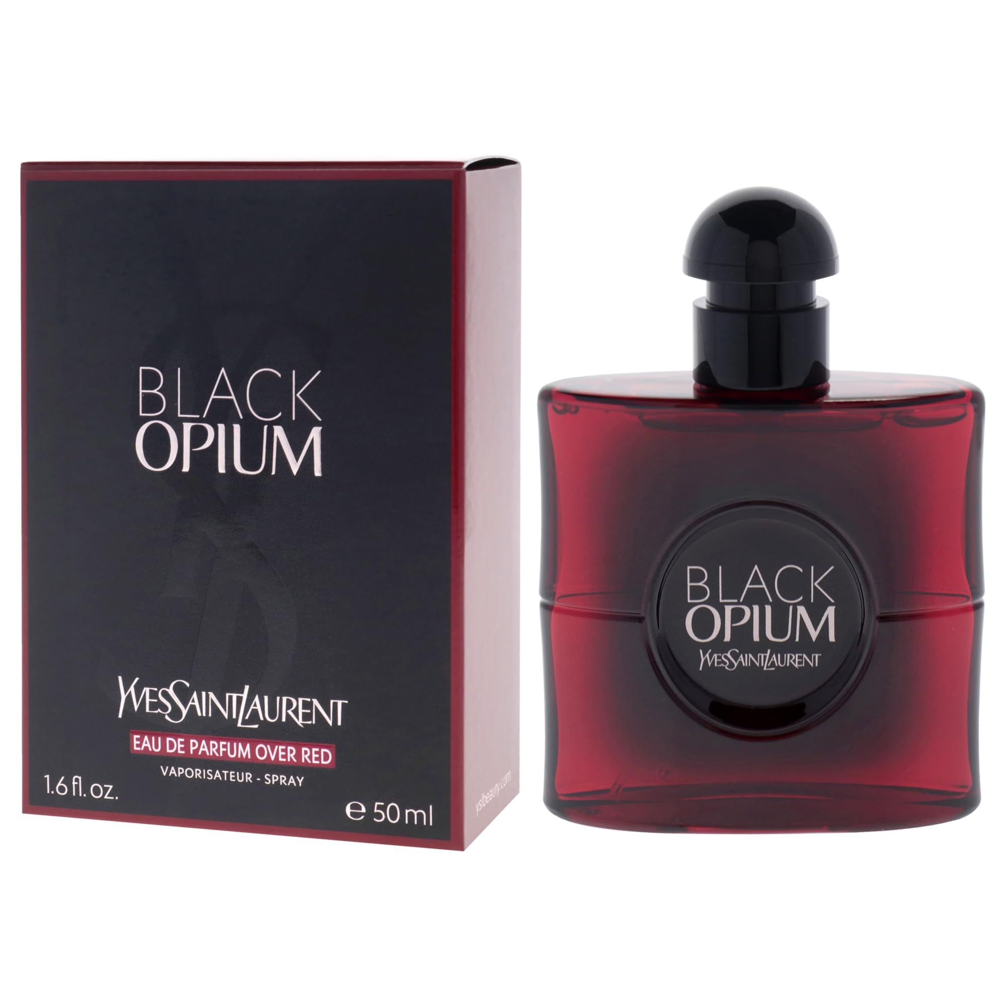 Flacone di profumo e confezione. Flacone nero con tappo nero. Confezione rossa con testo.
