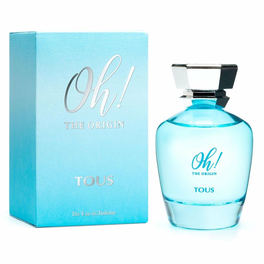 Eau de toilette azzurra con scatola abbinata. "Oh! The Origin" e "TOUS" sono scritti sulla bottiglia e sulla scatola.