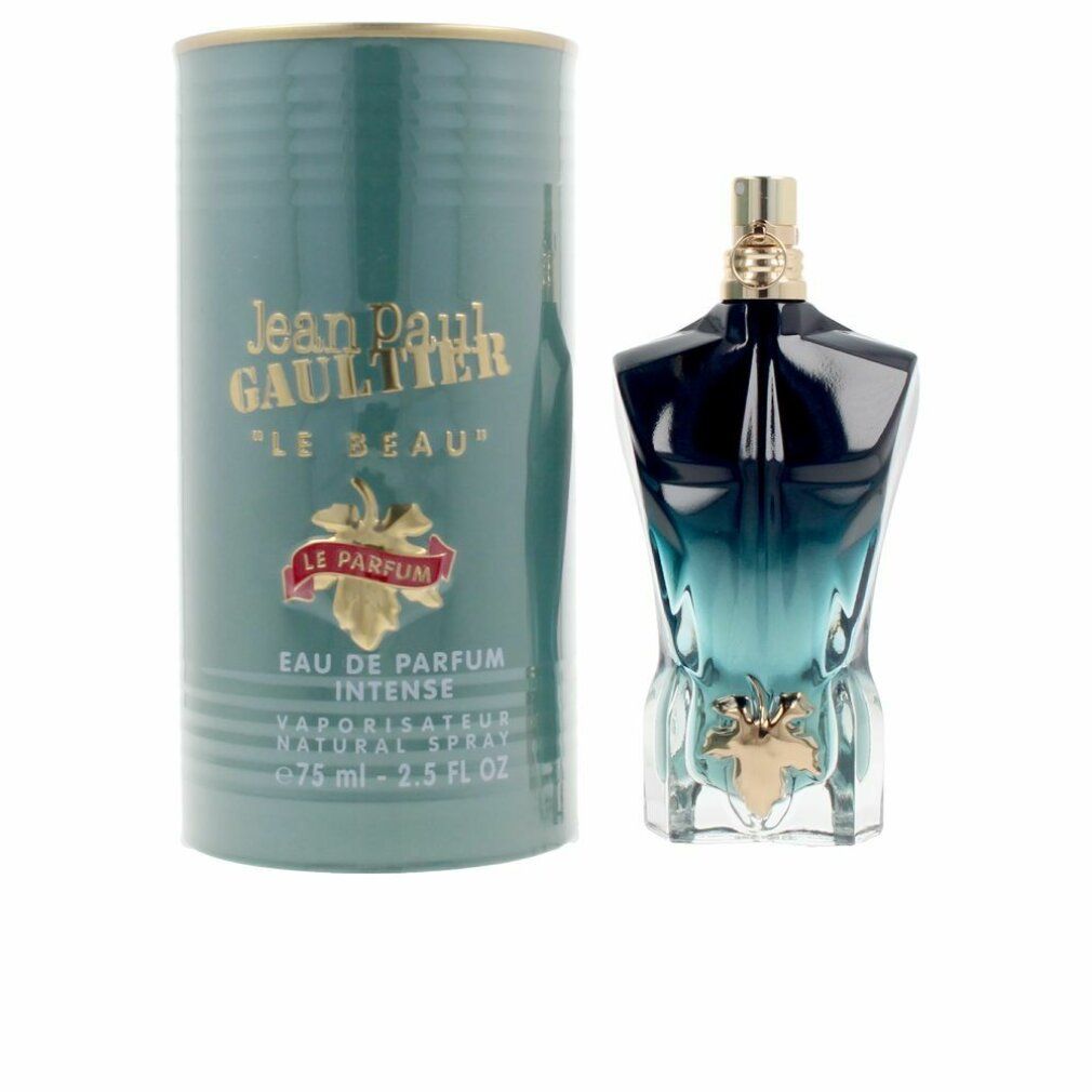 Flacone e scatola. Scatola verde con scritta dorata: Jean Paul Gaultier, Le Beau Intense. Flacone a forma di busto, blu-verde.
