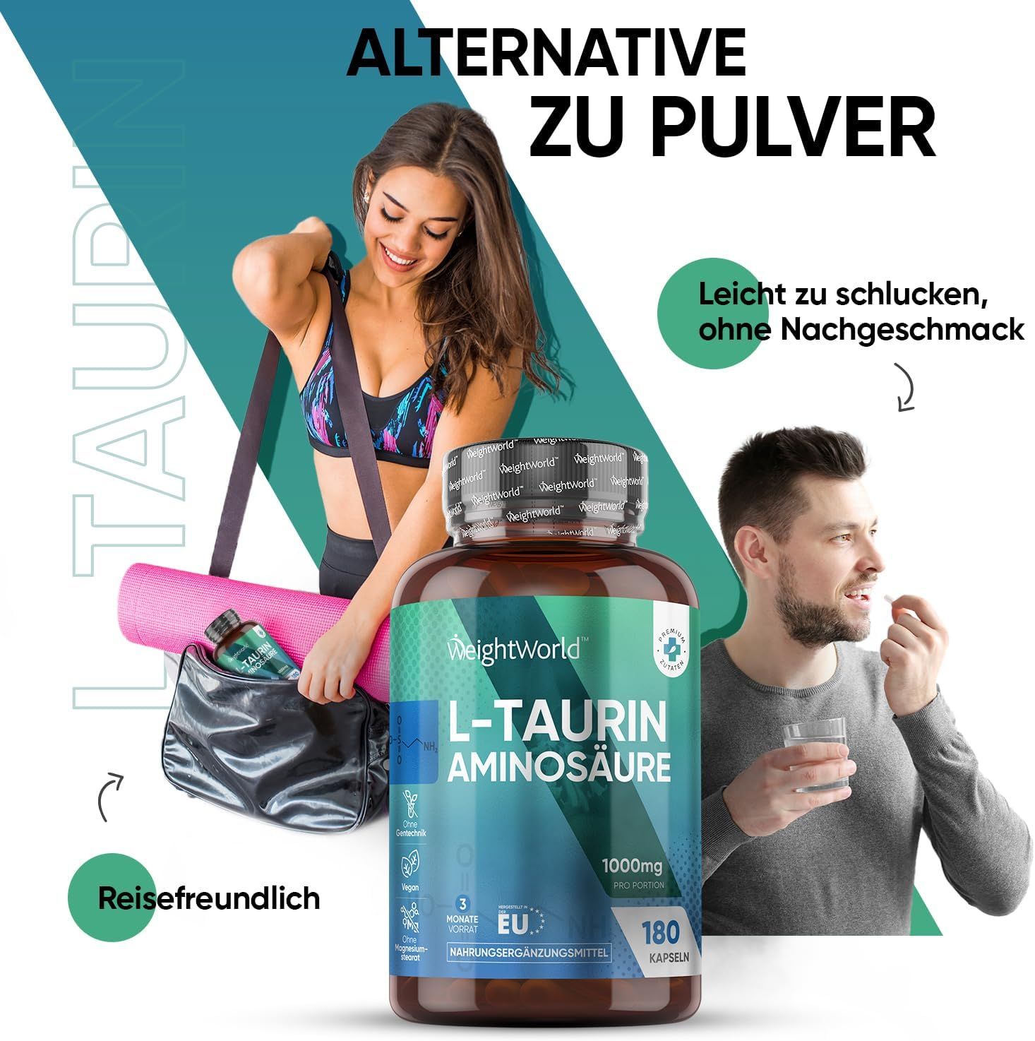 Donna e uomo con flacone. Testo: Alternativa alla polvere. Facile da deglutire, senza retrogusto. Viaggio. WeightWorld.