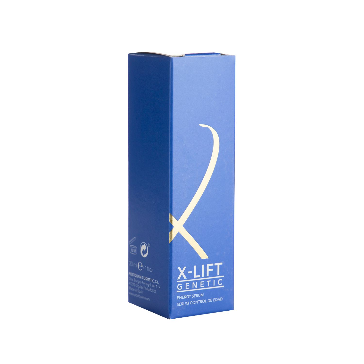 Confezione blu con logo dorato. Scritta: X-Lift Genetic Energy Serum. Forma rettangolare.