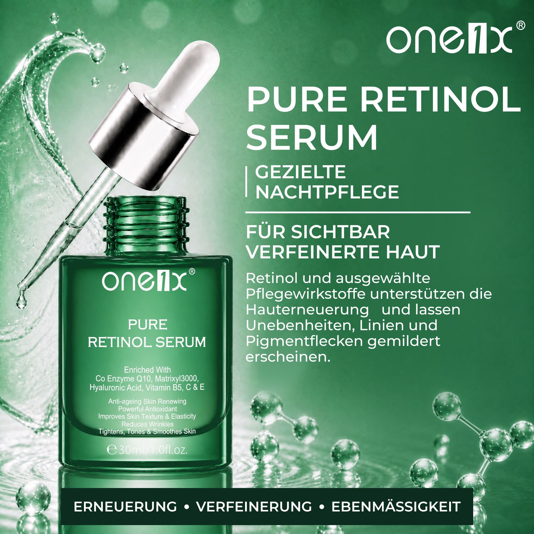 Flacone in vetro verde con contagocce, contenente 'one.nx PURE RETINOL SERUM'.