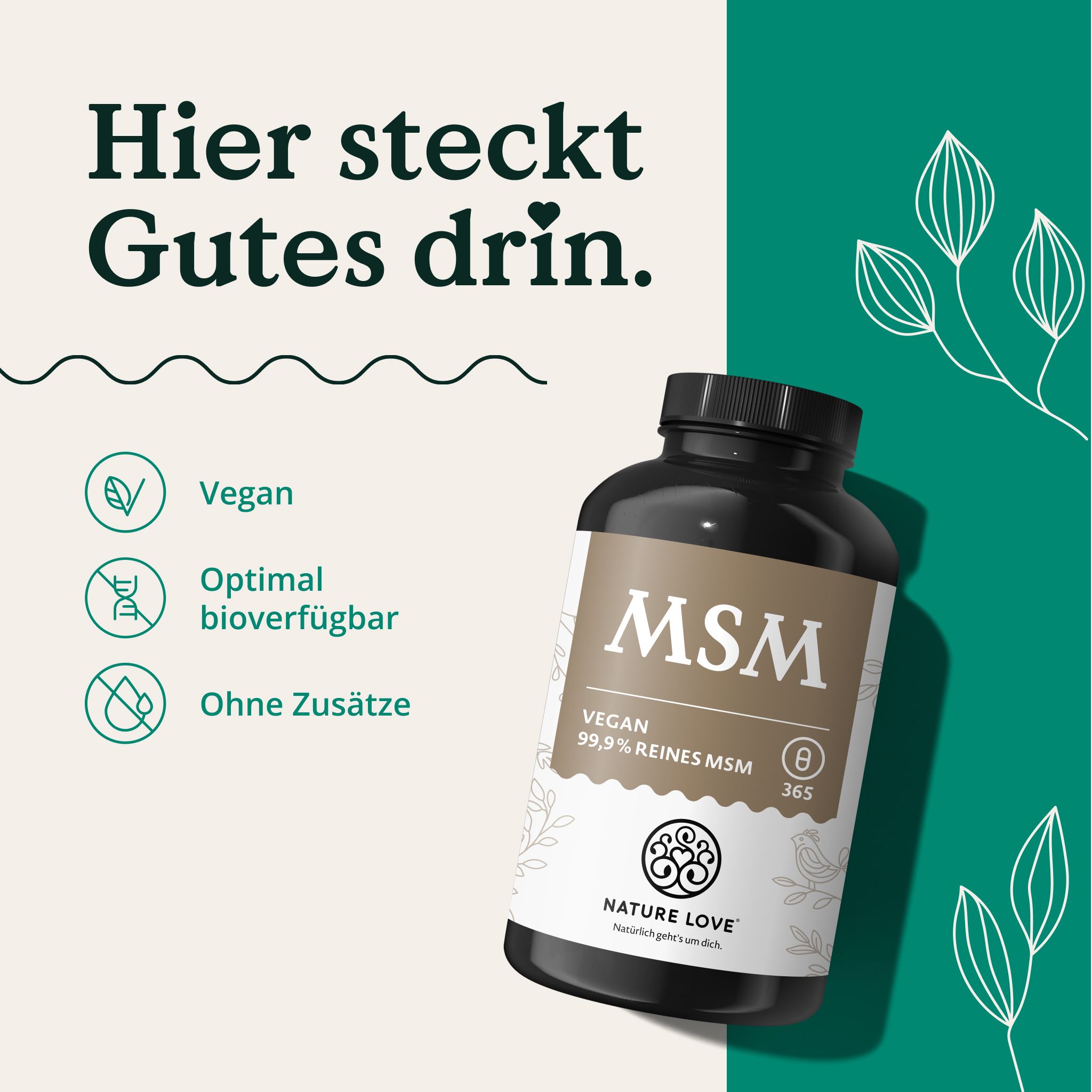 Flacone con capsule MSM, 99,9% MSM puro, vegano.