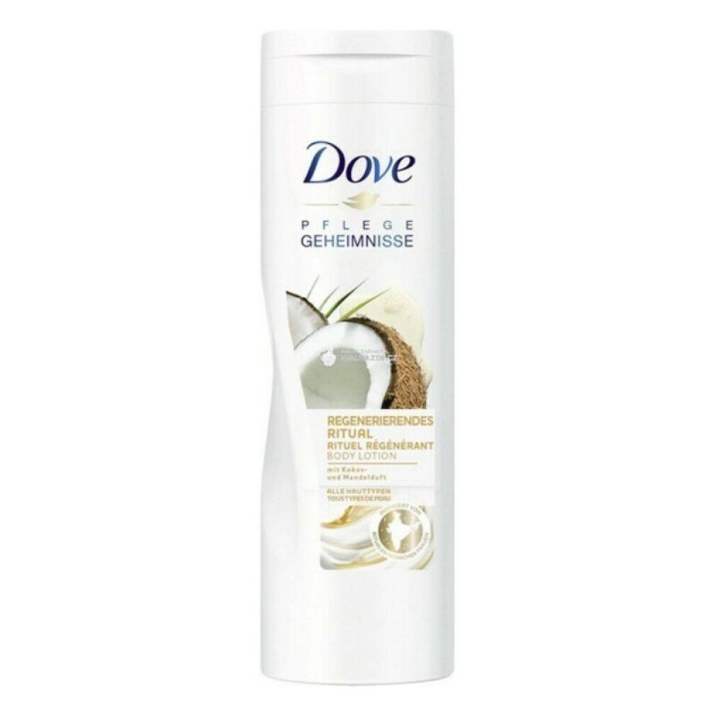 Flacone bianco Dove, immagine cocco. Testo: Pflege Geheimnisse, Regenerierendes Ritual, Body Lotion. Per tutti i tipi di pelle.