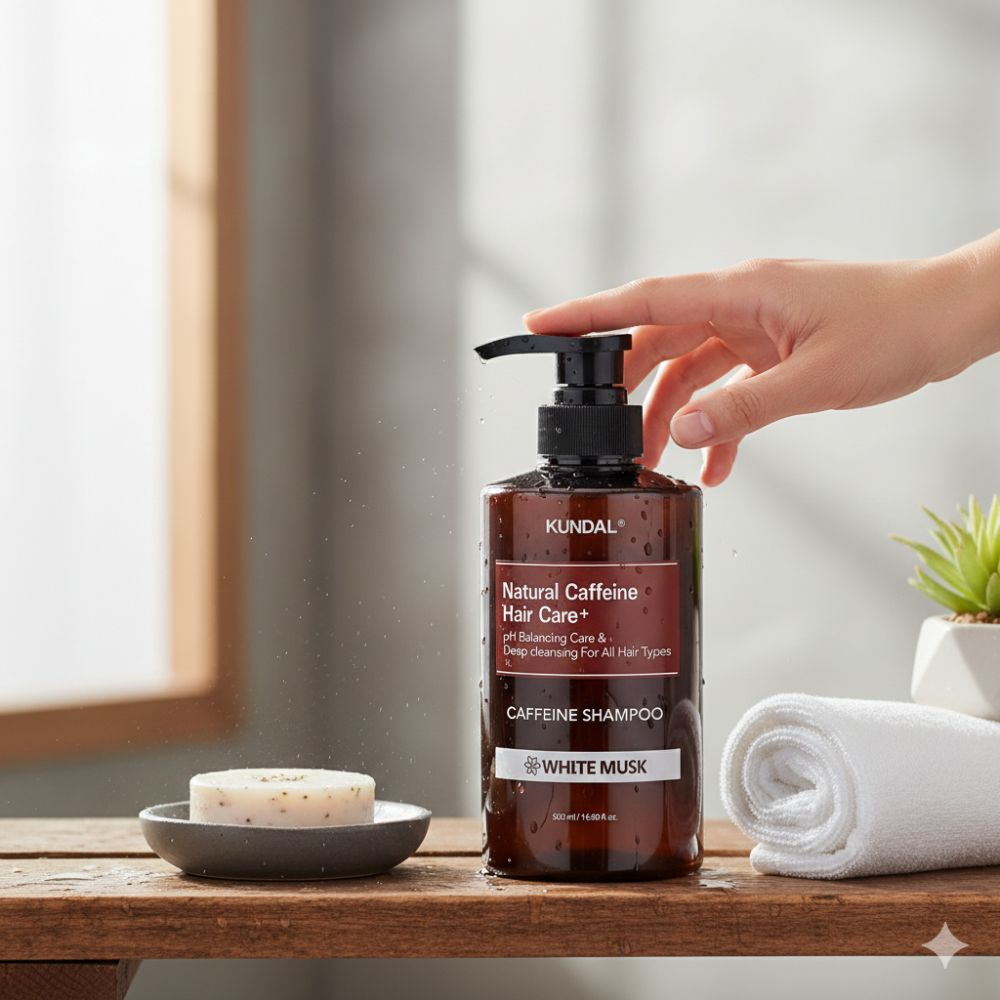 KUNDAL Natural Caffeine Hair Care+ Shampoo (White Musk) in un'ambientazione bagno con asciugamano e sapone.