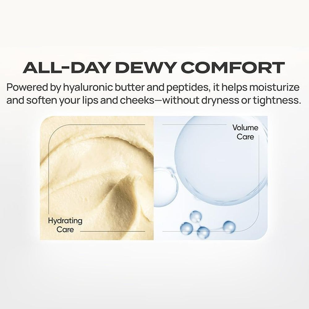 Due caselle di testo. A sinistra: consistenza cremosa. A destra: sfere blu. Testo: "ALL-DAY DEWY COMFORT".