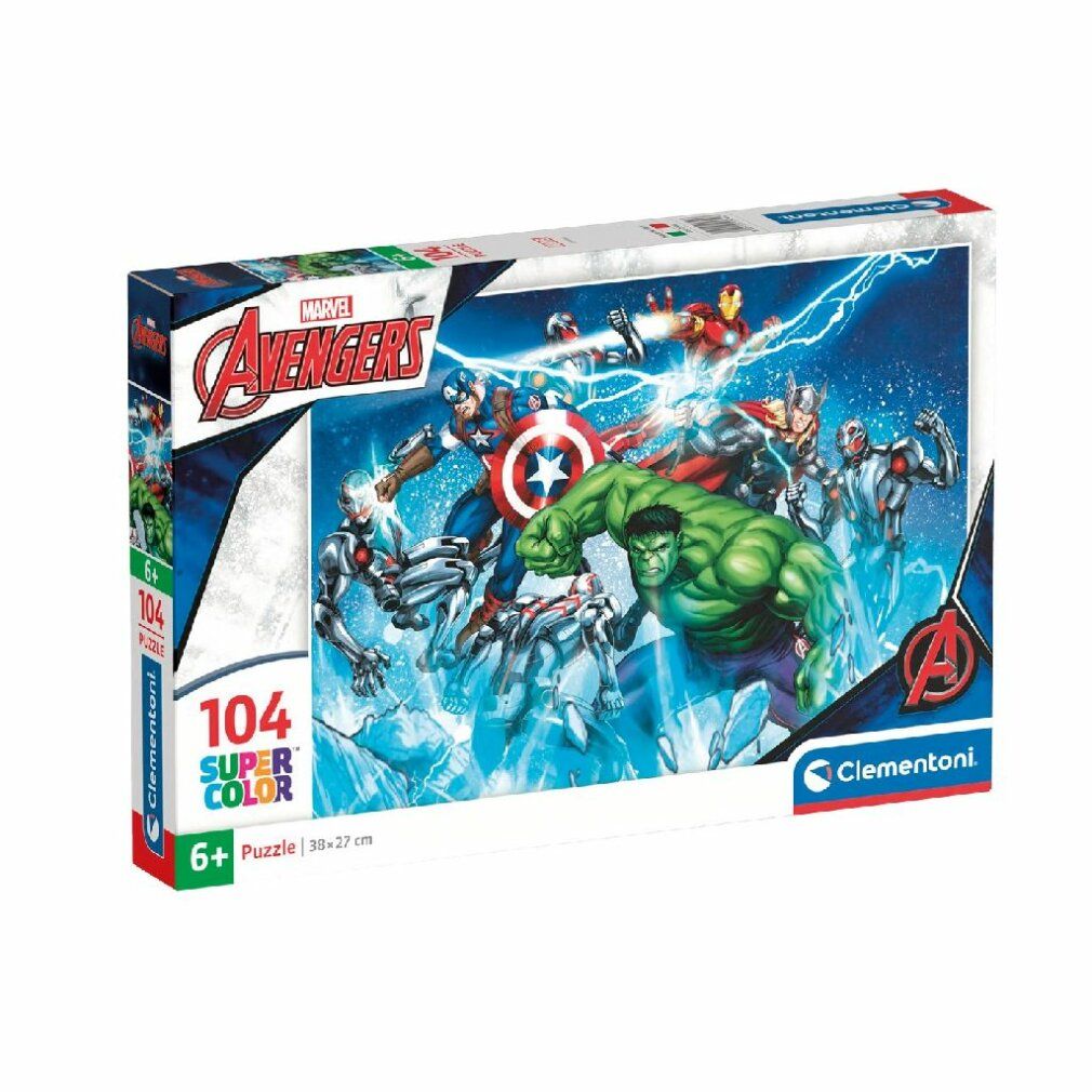 Clementoni Puzzle Marvel: Avengers, 104 pezzi. Scatola con motivo Avengers, consigliato per 6+.